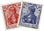Frimærker fra 'Deutches Reich' med pålydende 10 tyske reichspfennig og 20 tyske reichspfennig.