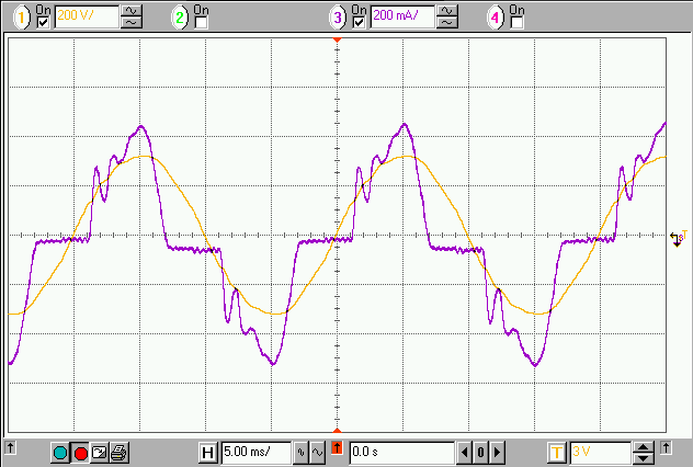 Strøm- og spændingskurve for en switch-mode strømforsyning målt med oscilloskop