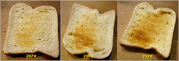 Ristet brød ved 3 forskellige spændinger men med det samme forbrug af energi.