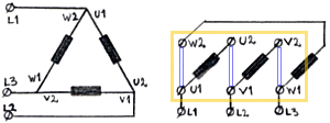 Skitse over elektriske forbindelser i en trekantkoblet motor
